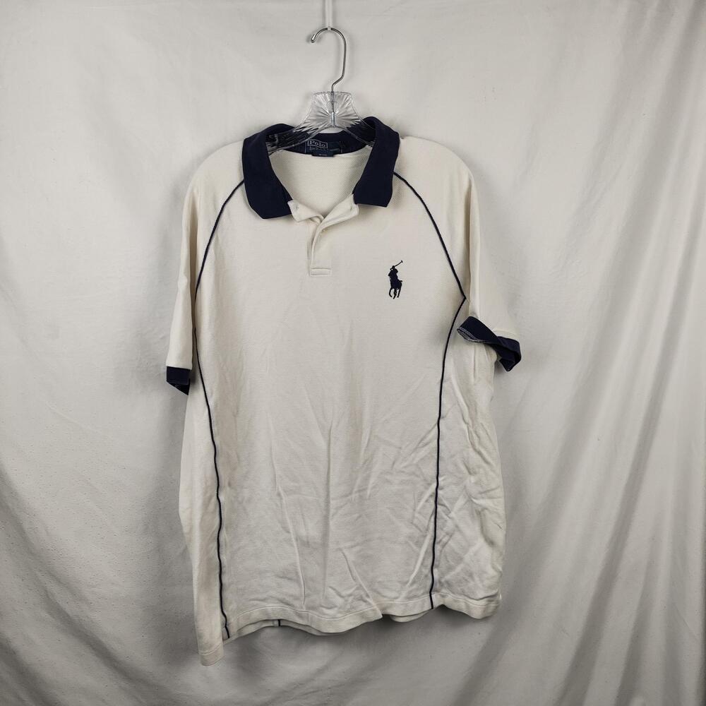 Polo By Ralph Lauren Polo Shirt Mens 2XL White Pima Cotton Big Pony Navy Trim